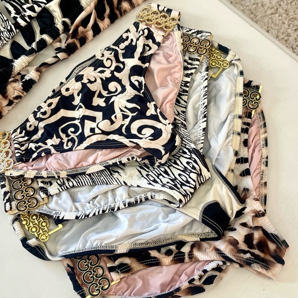 8 PIECE LOT TARA GRINNA Hipster Triangle Top Bikini Set Black Gold Animal Print - Picture 2 of 16